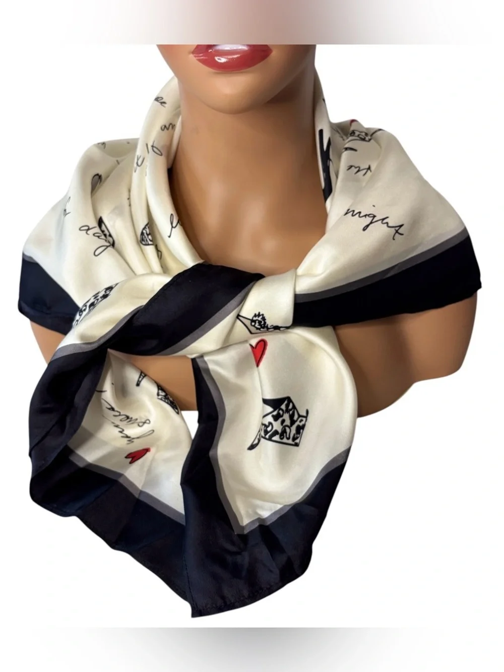 NEW Ann Taylor Shoe Print Silky Satin Square Scarf Black White Red Hearts NWT